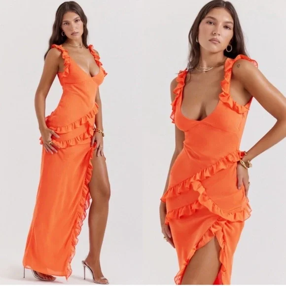 NWT HOUSE OF CB 'Pixie' Georgette Flame Orange Ruffle Maxi Dress - Picture 7 of 10